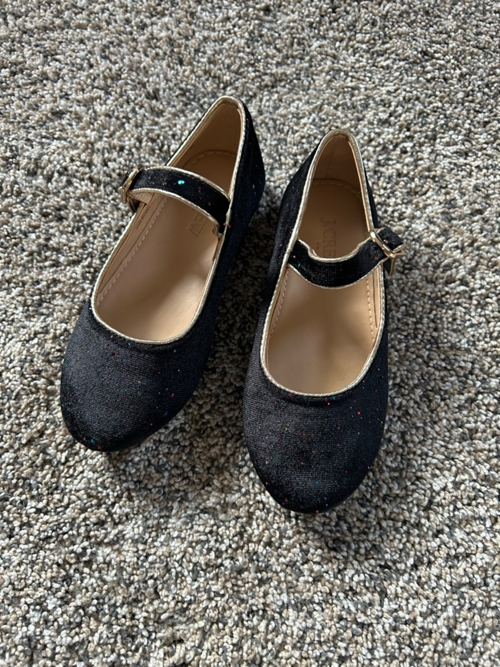 J Crew Black velvet w/ rainbow Glitter Mary Jane Flats